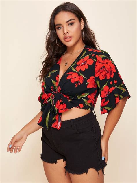 Shein Plus Floral Print Plunging Self Tie Crop Top Shein Usa