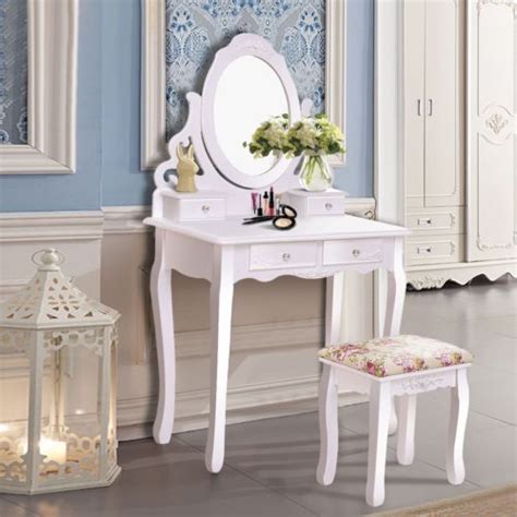 White Wooden Vanity Table Set 4 Drawer Mirrored Jewelry Storage Desk