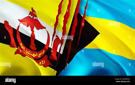 Brunei And Bahamas Flags With Scar Concept Waving Flag 3D Rendering