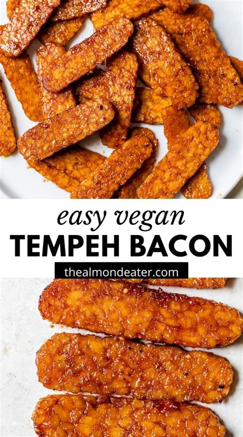 Easy Vegan Tempeh Bacon Recipe On A White Plate With Text Overlay