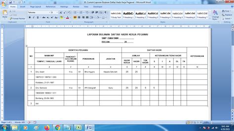 Format Terbaru Contoh Laporan Bulanan Daftar Hadir Kerja Pegawai