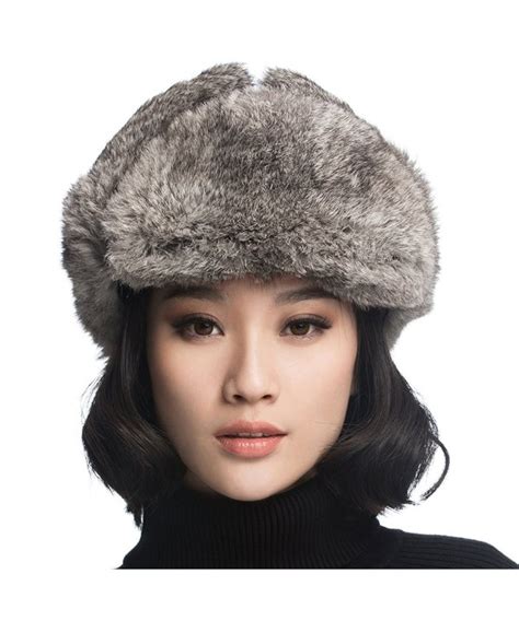 Rabbit Fur Aviator Hat Women Black Leather Winter Bomber Cap Russian