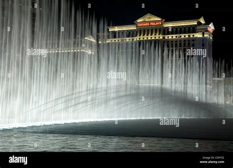 Night view of water park fountain attraction Las Vegas, Nevada with ...