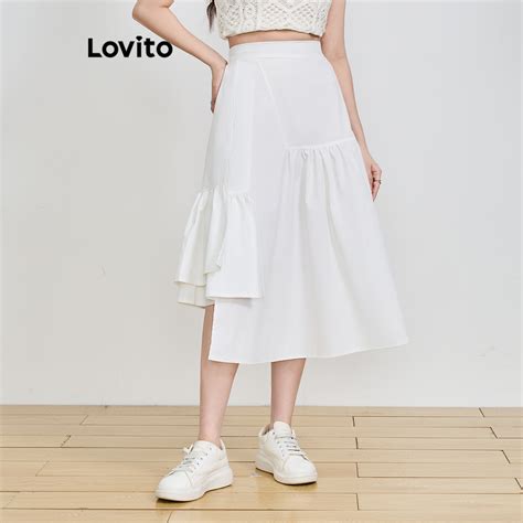 Lovito Boho Plain Asymmetrical Pleated Skirts For Women L Ed Lovito