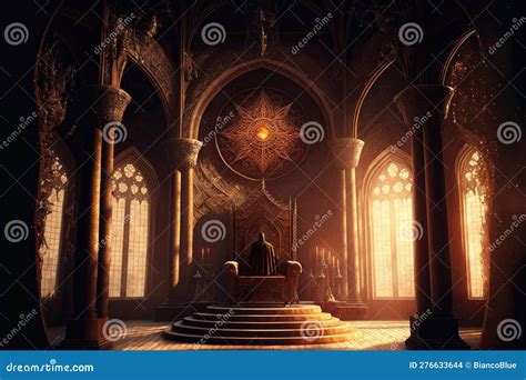 A Golden Filigree Throne Room In A Medieval Castle King Sitting On The