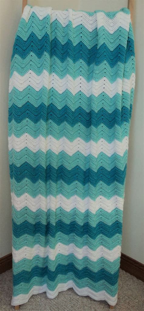 Handmade Ripple, Chevron Afghan, Blanket, Throw White and Aqua READY TO ...