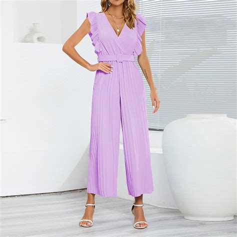 Formal Belted Ruffle Pleated V Neck Wide Leg Palazzo Jumpsuits For Wom Sunifty