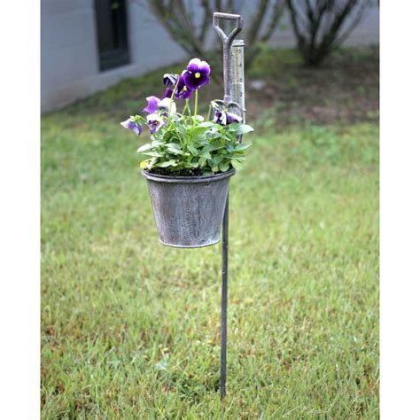 Rustic Farmhouse Spade Garden Stake Planter With Rain Gauge