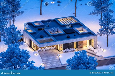 3d Rendering of New Concrete House in Modern Style in Winter Night ...