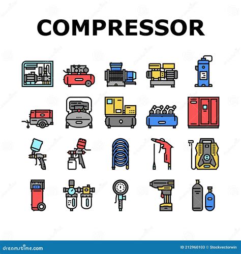 Air Compressor Tool Collection Icons Set Vector Stock Illustration