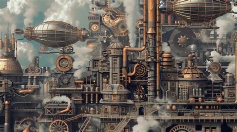 Premium Photo A Steampunk City With Airships And Factories