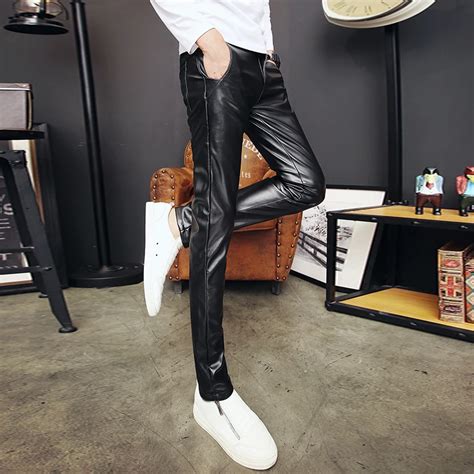 Mixcubic New 2017 Nightclub Solid Color Skinny Pu Leather Pants Men