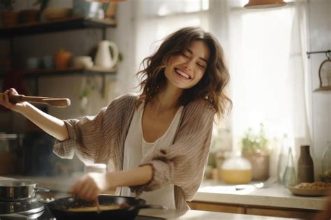 Mujer Cocinando En La Cocina Ia Generativa Foto Premium