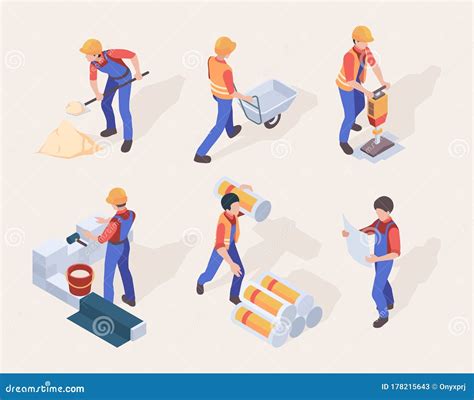 Workers Isometric Builders In Uniform Different Construction Machines And Tools Vector People