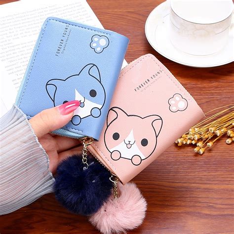 Korean Women Leather Wallet With Fur Ball Puppy Cute Short Wallet Coin