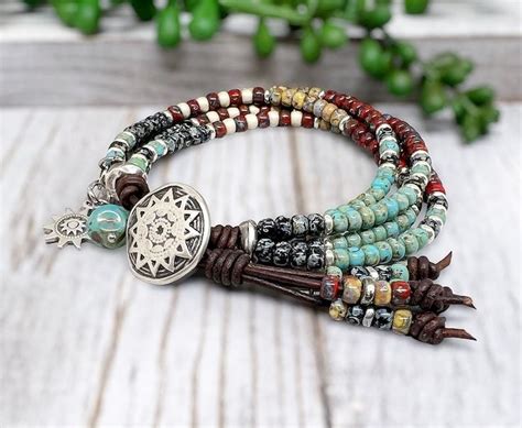 Southwestern Style Seed Bead Leather Wrap Bracelet Beaded Leather