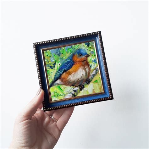 Bluebird Art Oil Illustration Small Art Framed Blue Bird | Etsy