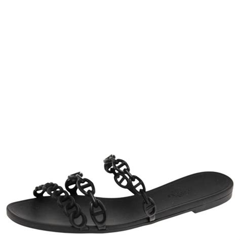 Hermes Black Rubber Dancre Chaine Rivage Flat Slides Size 39 Hermes