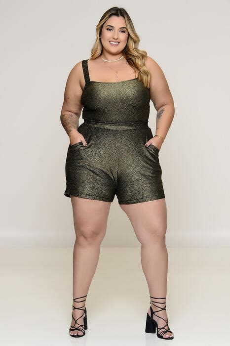 Conjunto Plus Size Cropped E Short Em Lurex Dourado Vk Moda Plus Size