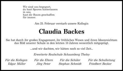 Traueranzeigen Von Claudia Backes Saarbruecker Zeitung Trauer De