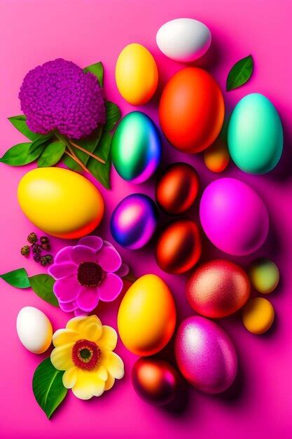 Premium AI Image Colorful Easter Eggs In Nest And Flowers On Pink