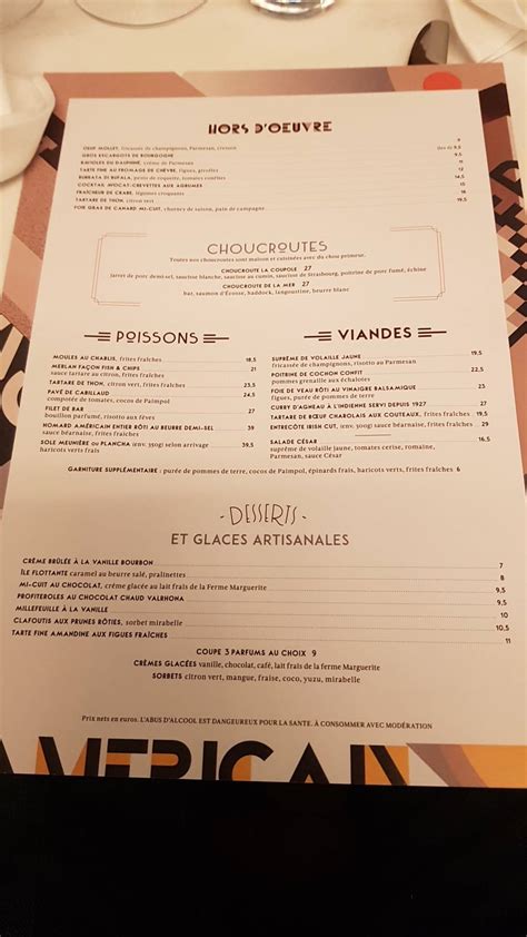 Menu au La Coupole café, Paris, 102 Boulevard du Montparnasse