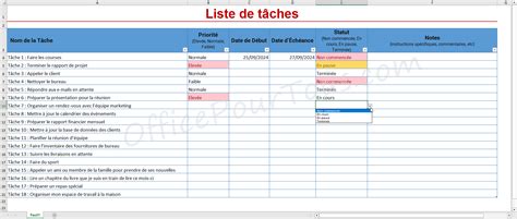 Modèle Excel Liste de tâches avec colonne Statut en liste déroulante