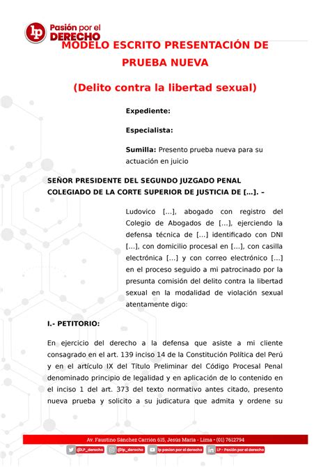 Modelo Escrito Prueba Nueva Penal Modelo Escrito Presentaci N De