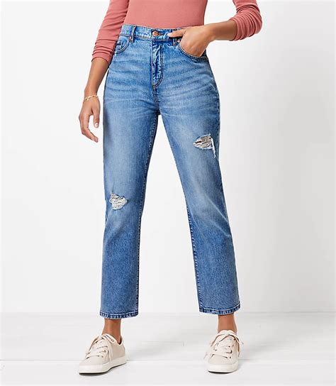 Destructed High Rise Straight Crop Jeans In Authentic Light Indigo Wash Loft In 2021