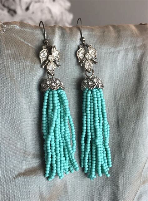 Turquoise Tassels Earrings Vintage Art Deco Rhinestone And Etsy Jewelry