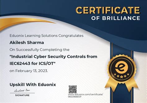 Completion Certificate For Industrial Cyber Security Controls From