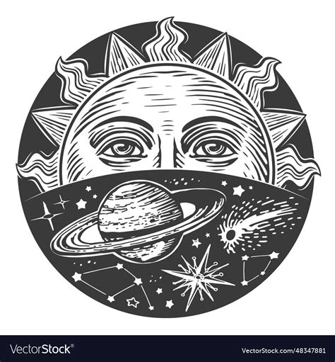 Sun With Face And Stars In Space Monochrome Vector Image