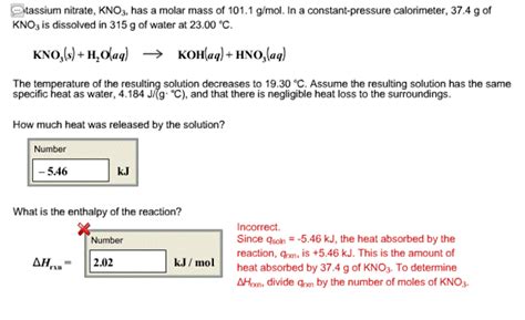 Solved Potassium Nitrate Kno3 Has A Molar Mass Of 1011 Gmol