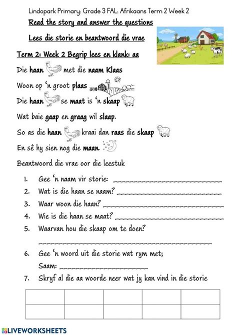 Grade 3 FAL Afrikaans Term 2 Week 2 Worksheet 1 Klank Aa Worksheet