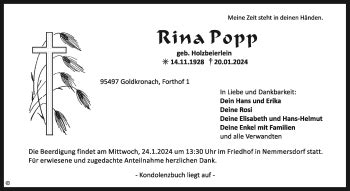 Traueranzeigen Von Rina Popp Nordbayerischer Kurier