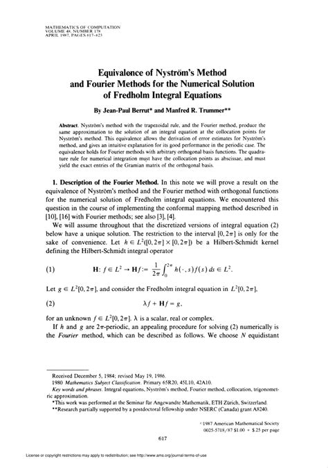 Pdf Equivalence Of Nystroms Method And Fourier Methods For The Numerical Solution Of Fredholm