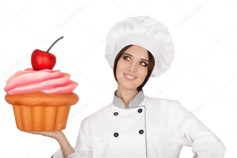 Woman Pastry Chef Holding Huge Cupcake — Stock Photo © Nicoletaionescu