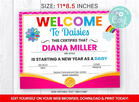 Editable Welcome To Daisies Certificate Daisy Investiture Etsy