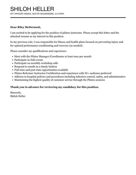 Pilates Instructor Cover Letter Velvet Jobs