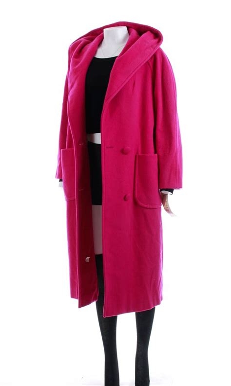 Oversized Wool Coat L 80s Clothing Long Hooded Coat Shawl Collar Magenta Fuschia Pink Wool Coat