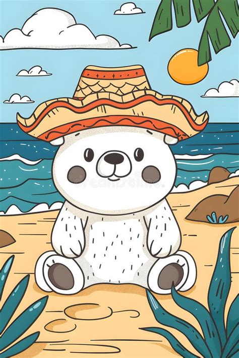 Caricatura Oso Polar Con Sombrero De Paja En La Playa Disfrutando Del