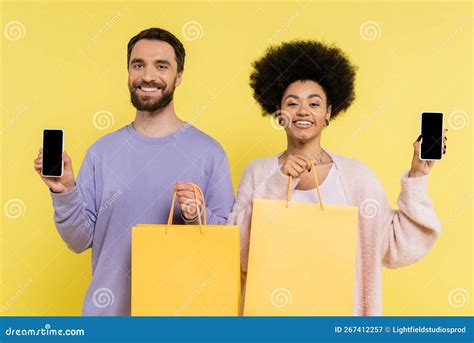 Joyful Multiethnic Couple With Shopping Bags Stock Image Image Of