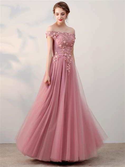 Modest Prom Dresses Off The Shoulder Appliques A Line Long Tulle Prom