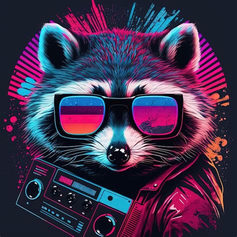 Premium Photo Party Neon Raccoon With Boombox Generative Ai