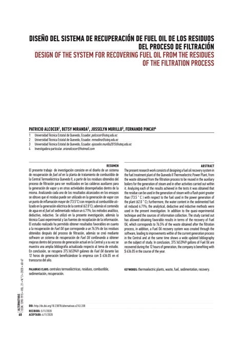 Pdf Diseño Del Sistema De Recuperación De Fuel Oil De Los Residuos Del Proceso De Filtración