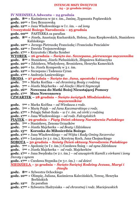 Intencje Mszalne Parafia Nnmp W Szczercowie