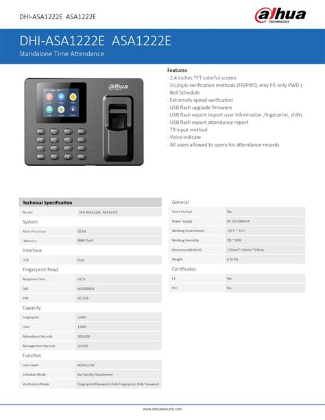 Dahua Asa E Standalone Time Attendance Terminal Security System Asia