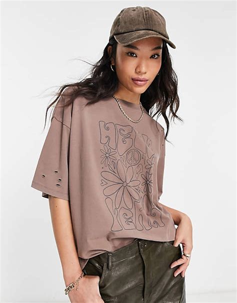 Asos Design Oversize T Shirt In Braun Mit Zierlöchern Und Pilzgrafik