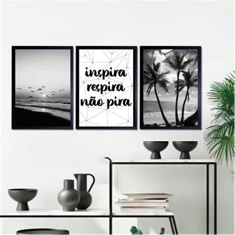 Kit 3 Quadros Inspira Respira Não Pira Praia Preto E Branco 45x34cm