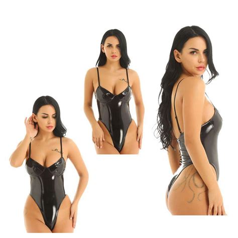 Cheap Women S Spaghetti Straps Pvc Leather Wet Look High Cut Thong